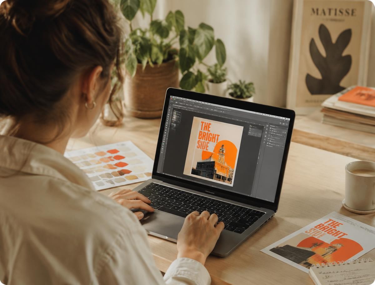 Designer refining a poster in a professional layout application, image from Design Flow Pro