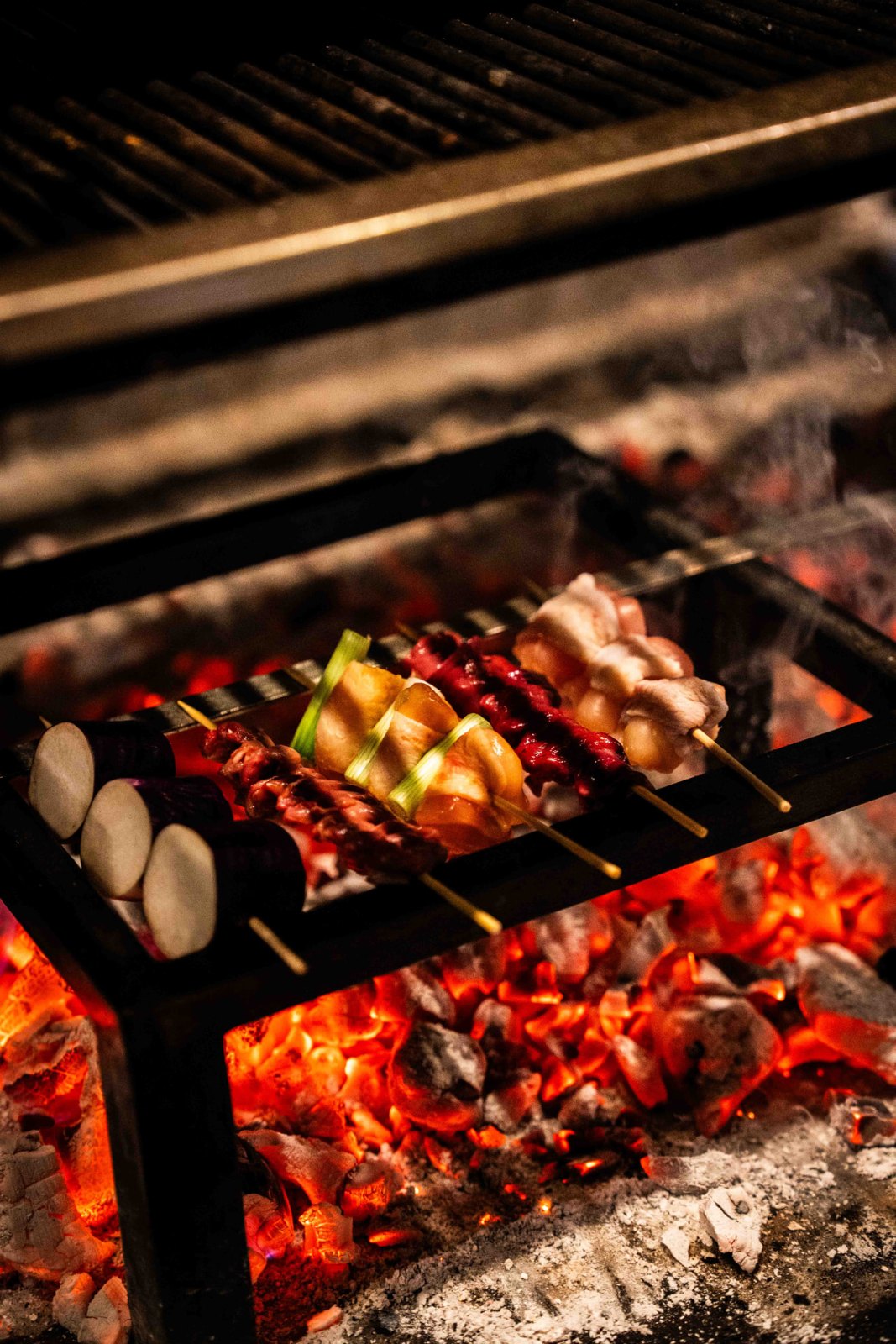 Spiesjes boven gloeiende houtskool op de grill